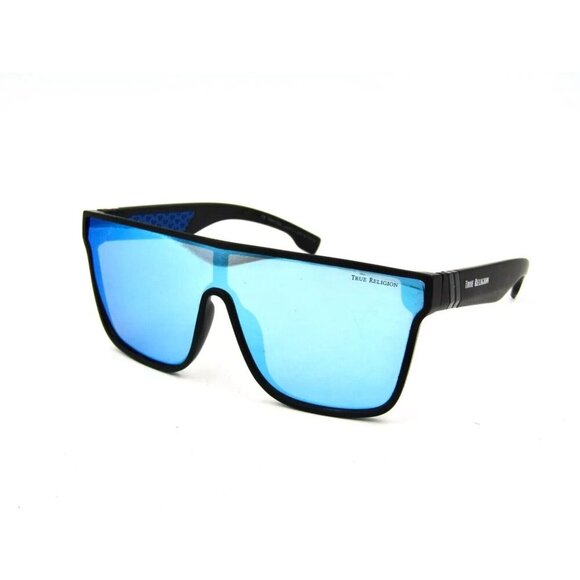 True Religion TRM1799 Unisex Flat Top Shield Black Sunglasses Blue Mirrored #G58 - Picture 4 of 6